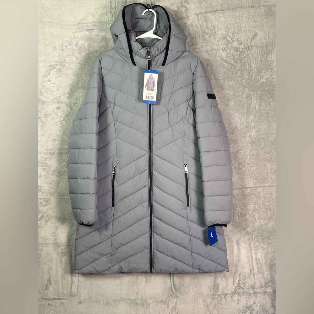 NWT New DKNY Light Gray Full Length Hooded Puffer Size Large